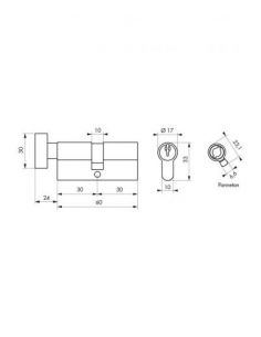 Cilindru cu buton STD, 30 x 30 mm, finisaj alb, 3 chei - 1