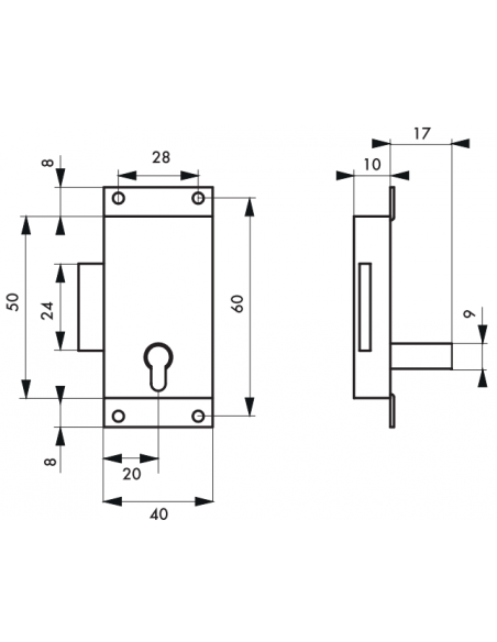 Incuietoare aplicata pentru mobilier, pentru usa de mobilier, ax 20mm, 40x50mm, alama, 1 cheie - 2