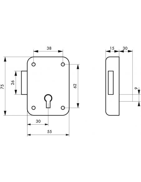 Incuietoare pentru mobilier Paris pentru usa de mobilier, dreapta, ax 30mm, 55x70mm, gri, 1 cheie - 2