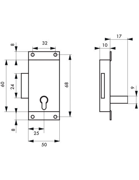 Incuietoare pentru mobilier aplicata pe usa mobilierului, ax 25mm, 50x60mm, zincata, 1 cheie - 2