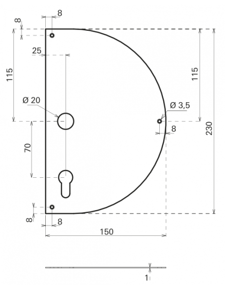 Placa de impingere semiluna din inox cu orificiu pentru cilindru si maner, de insurubat - Stanga - 2