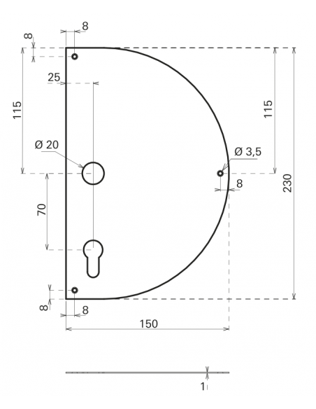 Placa de impingere semiluna din aluminiu cu orificiu pentru cilindru + picior de sprijin, de insurubat - Stanga - 2