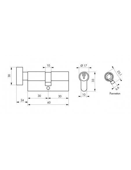 Butuc usa, cu buton, 30 x 30 mm, 3 chei, profil european - SP - 2