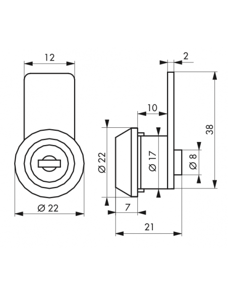 Incuietoare cu cama, 2 chei,  compatibila cutie postala, 22 mm - SP - 2