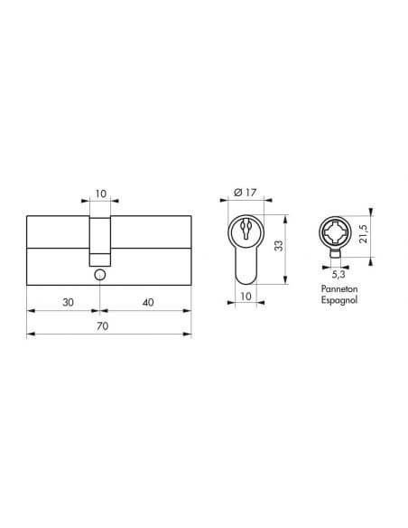 Cilindru 30 x 40 mm, standard, cama UNI (redusa), nichelat, STD, 3 chei - 2