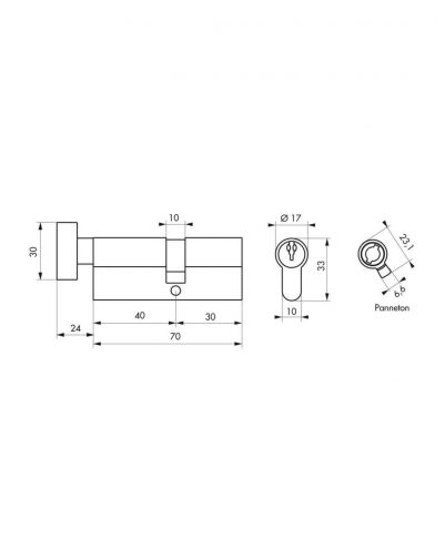 Cilindru Cheie Unica cu buton 40 x 30 mm, STD, nichelat - 1